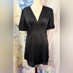 ba&sh Black Mini Dress with Deep V-Neck puff Sleeve Lined Classic Cocktail